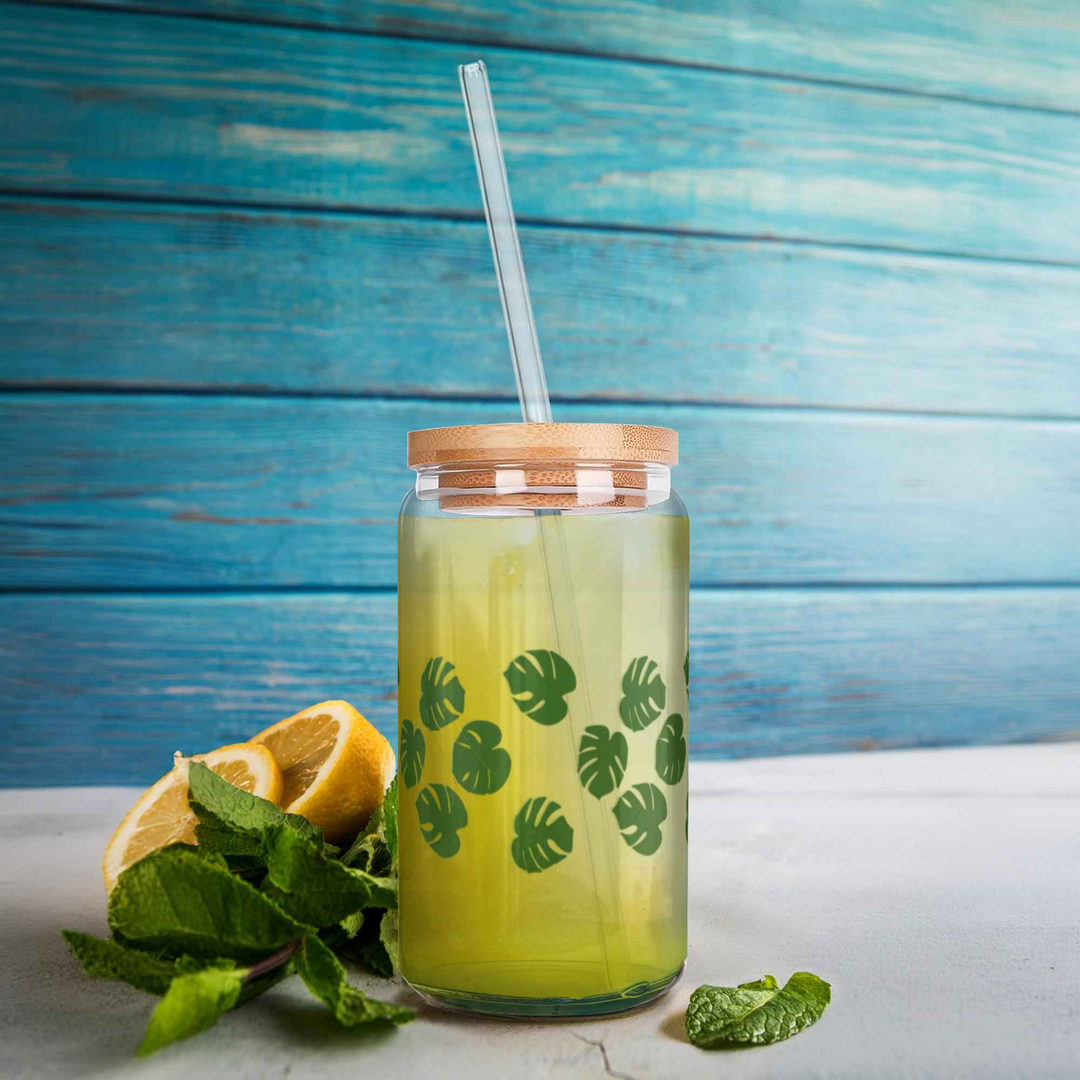 Monstera Pattern Soda Can Glass – 16 oz Durable Glass Tumbler with Bamboo Lid & Straw