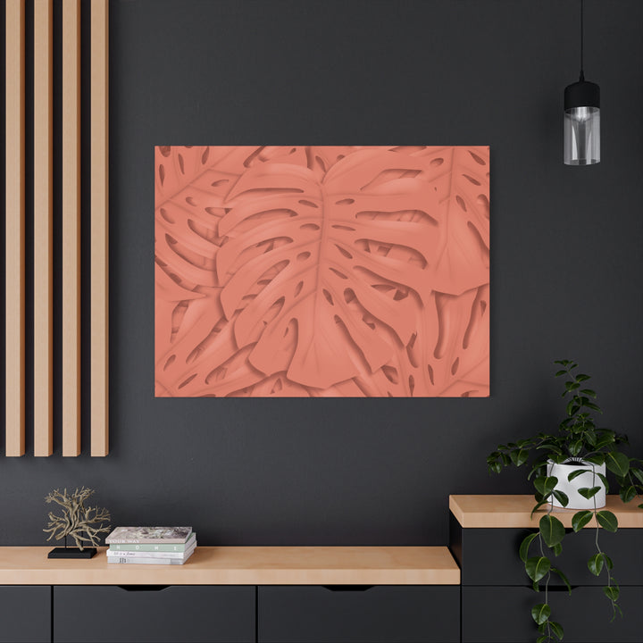 Coral Monstera Canvas Wall Art Matte Stretched 1.25 Inch Modern Botanical Print For Living Rooms