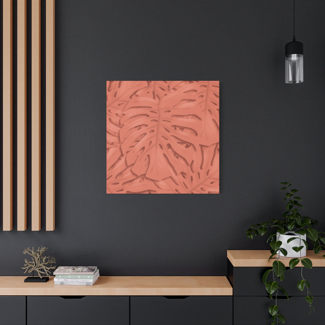 Coral Monstera Canvas Wall Art Matte Stretched 1.25 Inch Modern Botanical Print For Living Rooms