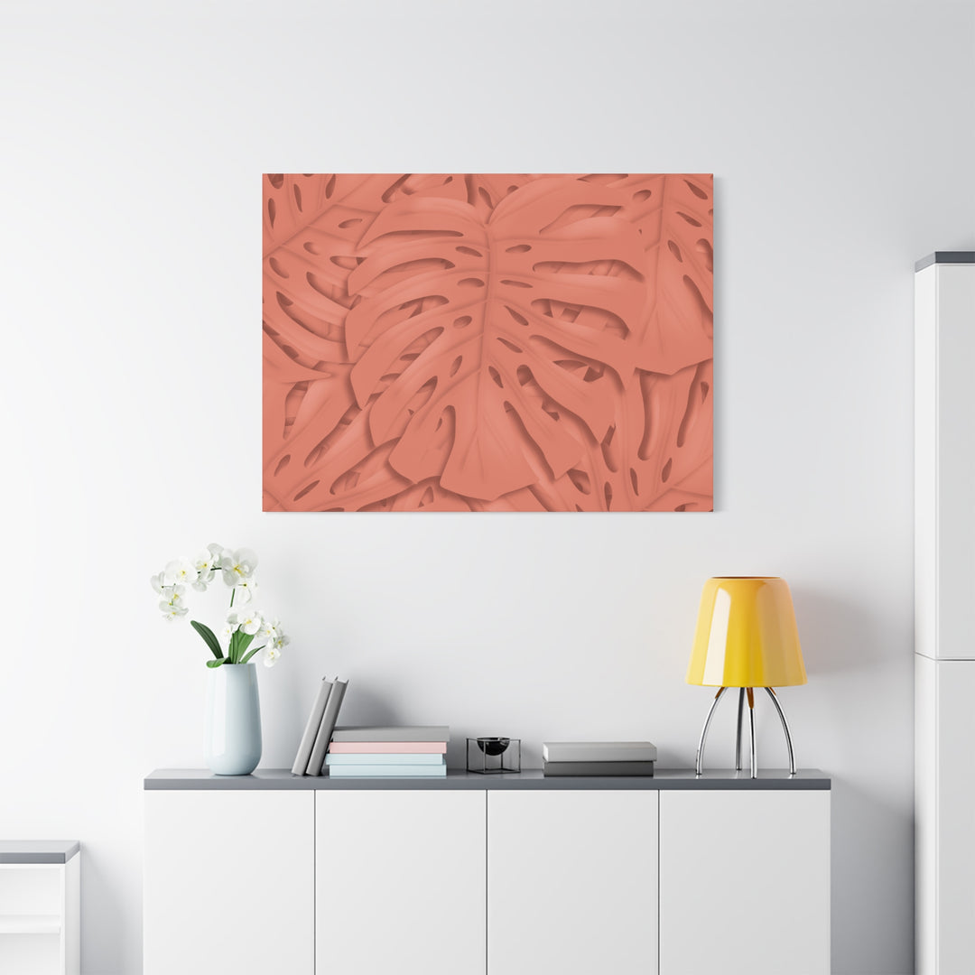 Coral Monstera Canvas Wall Art Matte Stretched 1.25 Inch Modern Botanical Print For Living Rooms