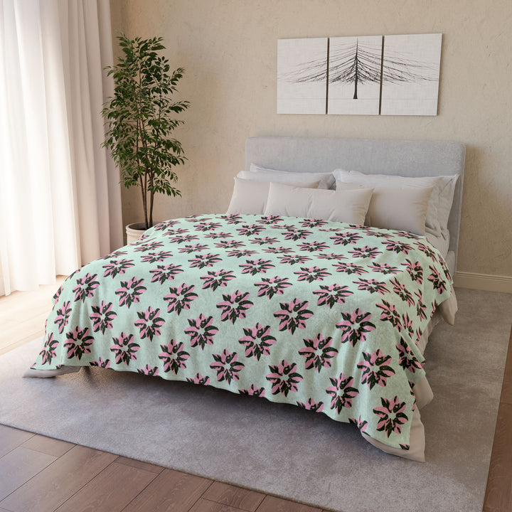 Pink Princess Philodendron Pattern Cozy Fleece Throw Blanket by Printify