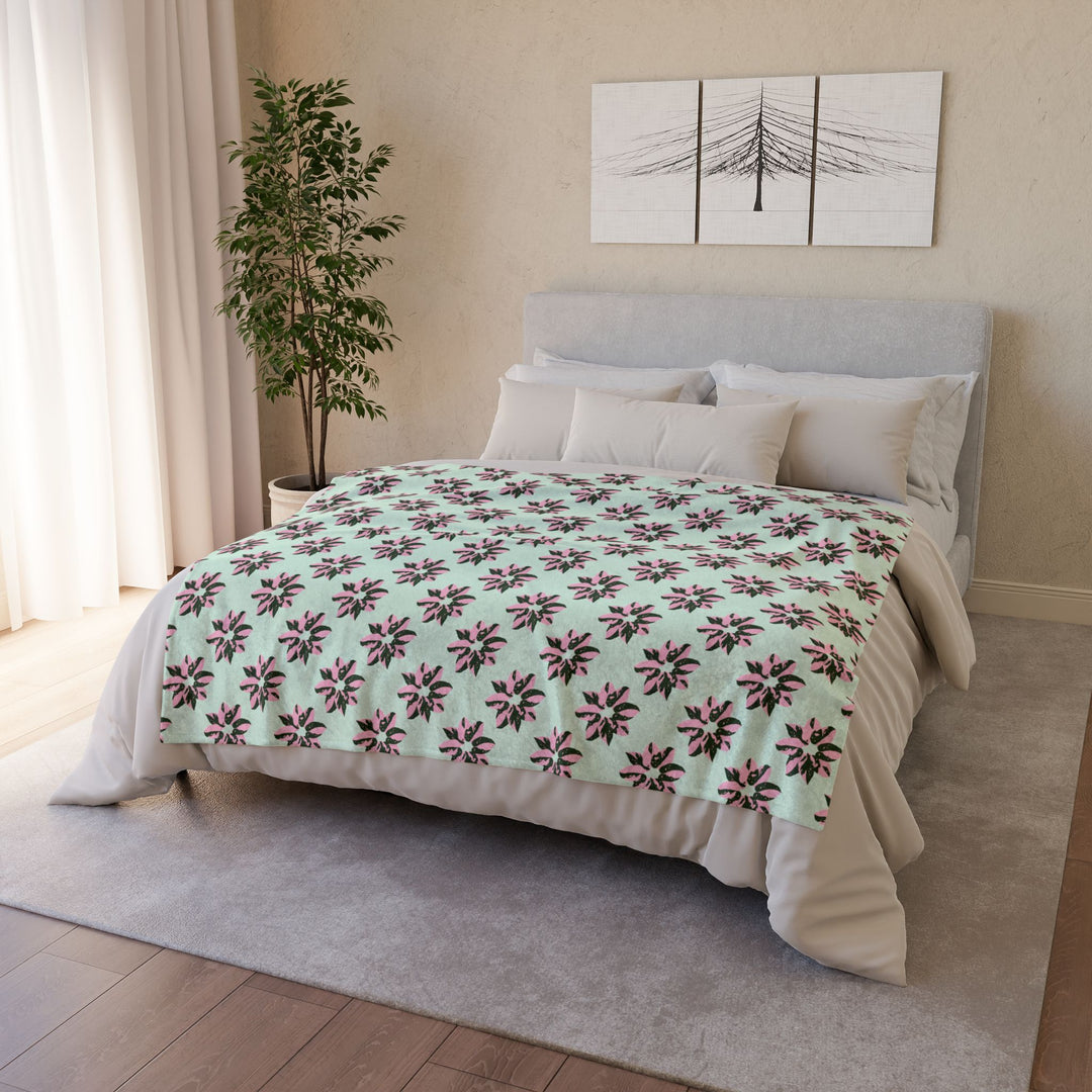 Pink Princess Philodendron Pattern Cozy Fleece Throw Blanket by Printify