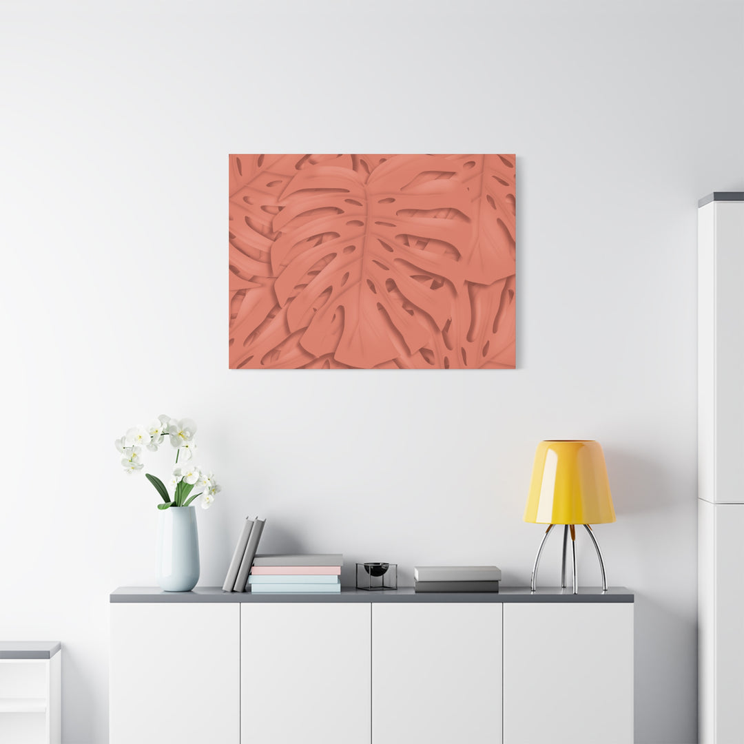 Coral Monstera Canvas Wall Art Matte Stretched 1.25 Inch Modern Botanical Print For Living Rooms