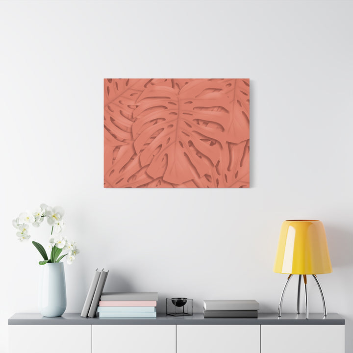 Coral Monstera Canvas Wall Art Matte Stretched 1.25 Inch Modern Botanical Print For Living Rooms