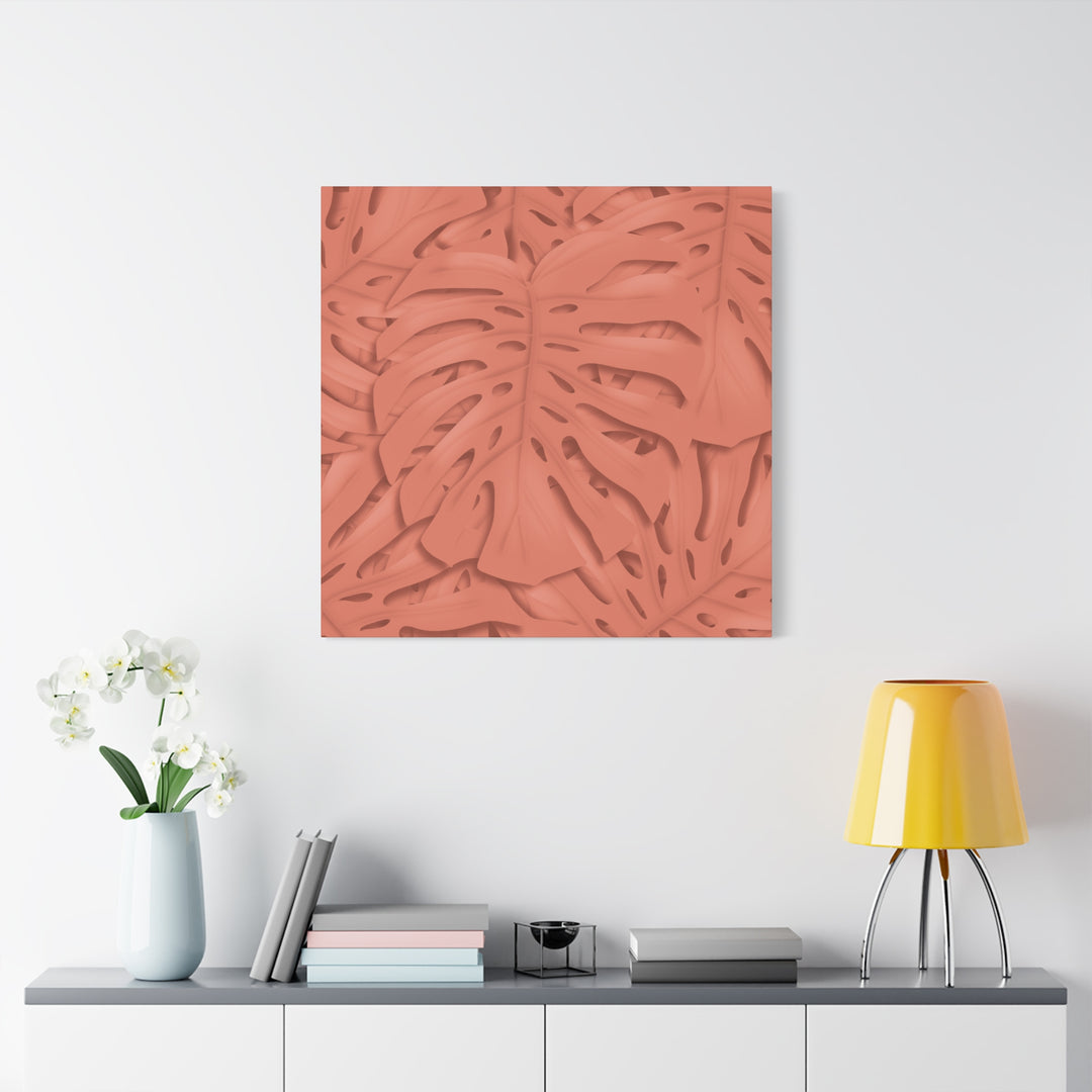 Coral Monstera Canvas Wall Art Matte Stretched 1.25 Inch Modern Botanical Print For Living Rooms