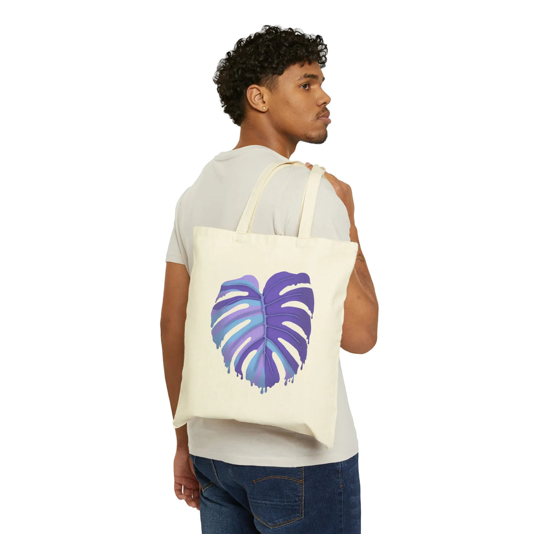 Purple Monstera Leaf Print Cotton Tote Bag With Large Handles Eco Friendly Reusable Canvas Tote