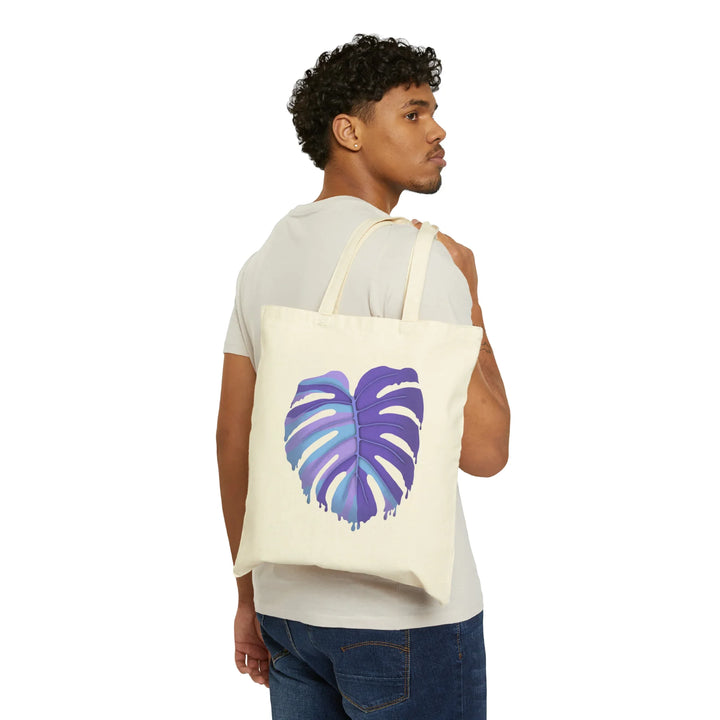 Purple Monstera Leaf Print Cotton Tote Bag With Large Handles Eco Friendly Reusable Canvas Tote