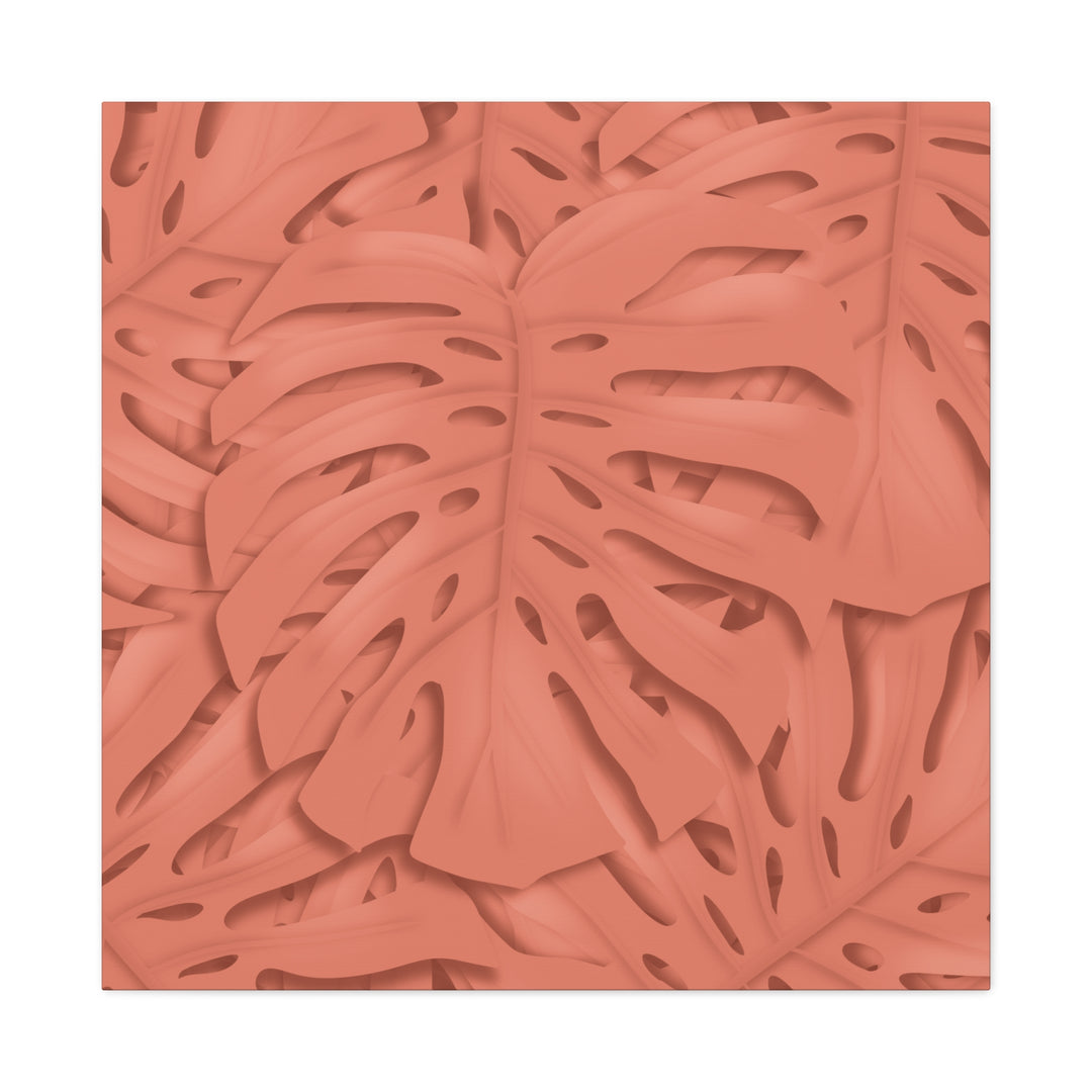 Coral Monstera Canvas Wall Art Matte Stretched 1.25 Inch Modern Botanical Print For Living Rooms