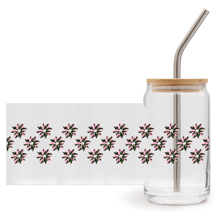 Pink Princess Philodendron Pattern Soda Can Glass – 16 oz Tumbler With Bamboo Lid And Straw - NEW
