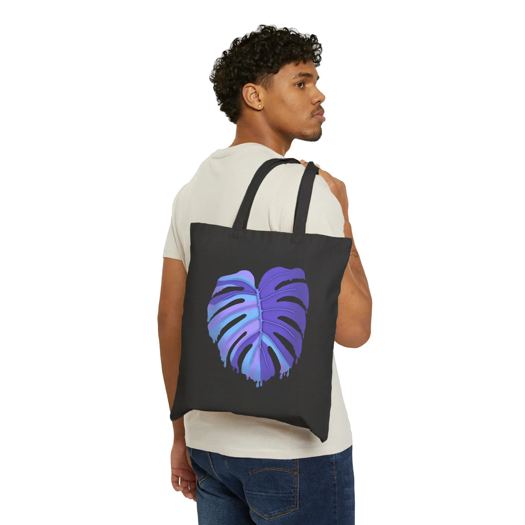 Purple Monstera Leaf Print Cotton Tote Bag With Large Handles Eco Friendly Reusable Canvas Tote