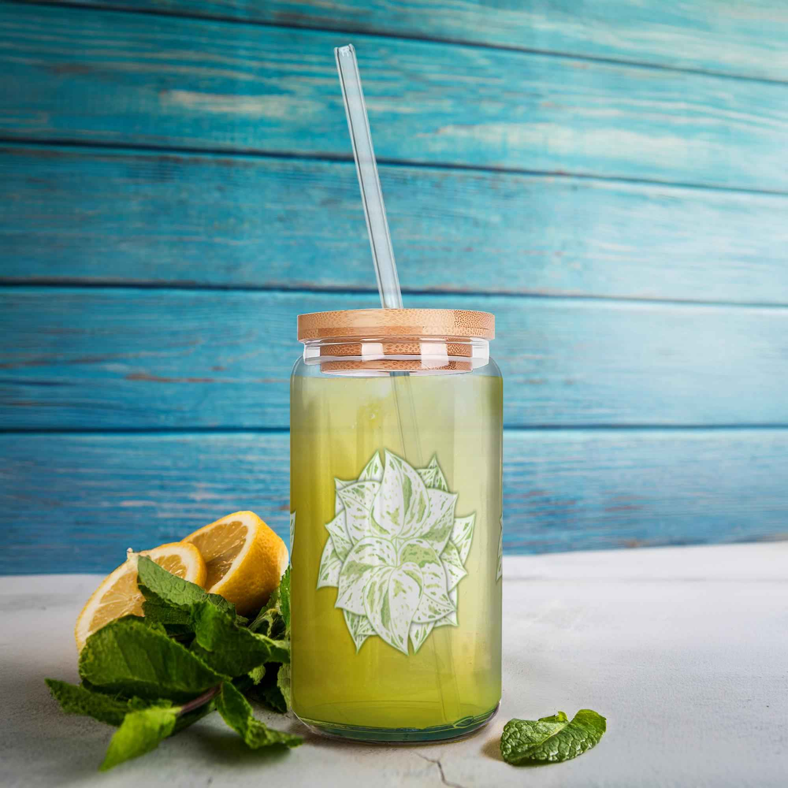 Snow Queen Pothos Soda Can Glass – 16 oz Durable Glass Tumbler with Bamboo Lid & Straw (Copy) (Copy)