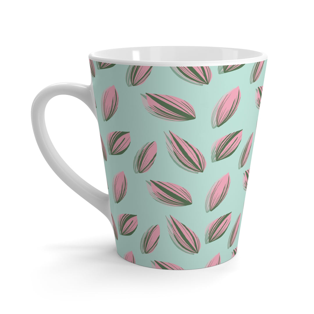 Tradescantia Nanouk Pattern Mug The Potted Pixel 12oz Ceramic Coffee Cup With Pink Leaf Motif On Mint Green Background