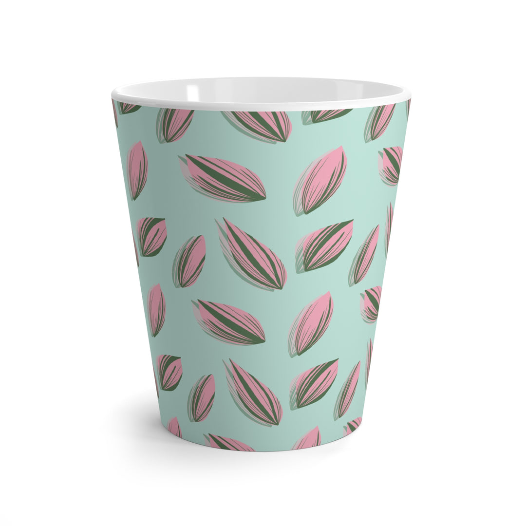 Tradescantia Nanouk Pattern Mug The Potted Pixel 12oz Ceramic Coffee Cup With Pink Leaf Motif On Mint Green Background