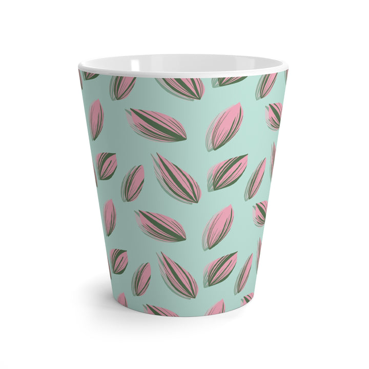 Tradescantia Nanouk Pattern Mug The Potted Pixel 12oz Ceramic Coffee Cup With Pink Leaf Motif On Mint Green Background