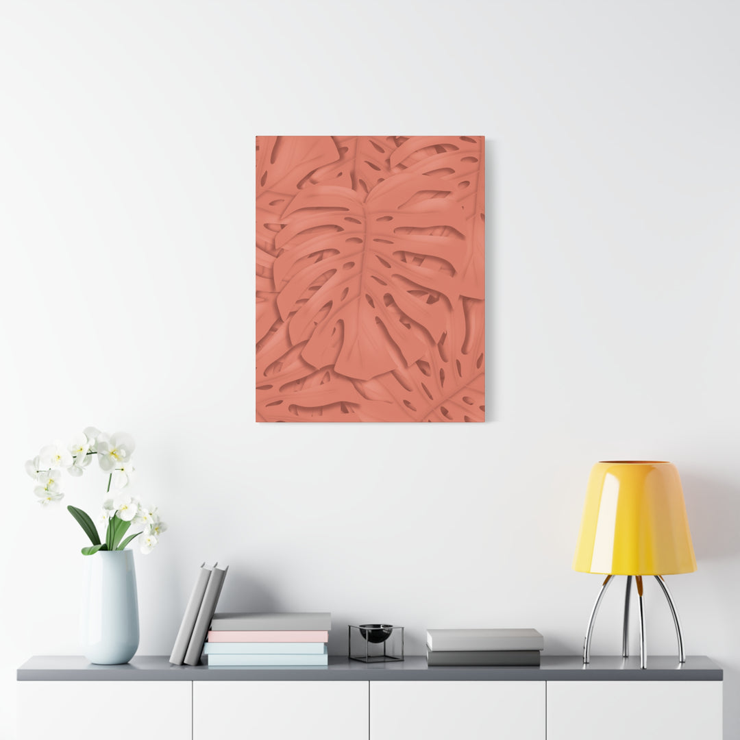 Coral Monstera Canvas Wall Art Matte Stretched 1.25 Inch Modern Botanical Print For Living Rooms