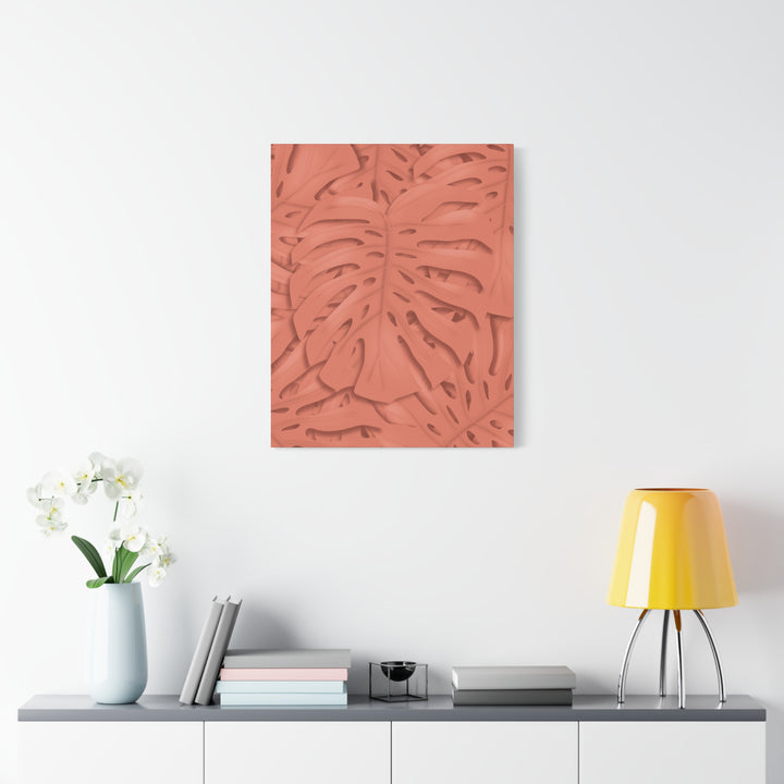 Coral Monstera Canvas Wall Art Matte Stretched 1.25 Inch Modern Botanical Print For Living Rooms