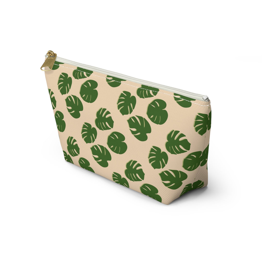 Monstera Pattern Accessory Pouch Floral Makeup Bag With T Bottom Spacious Interior for Travel and Everyday Use