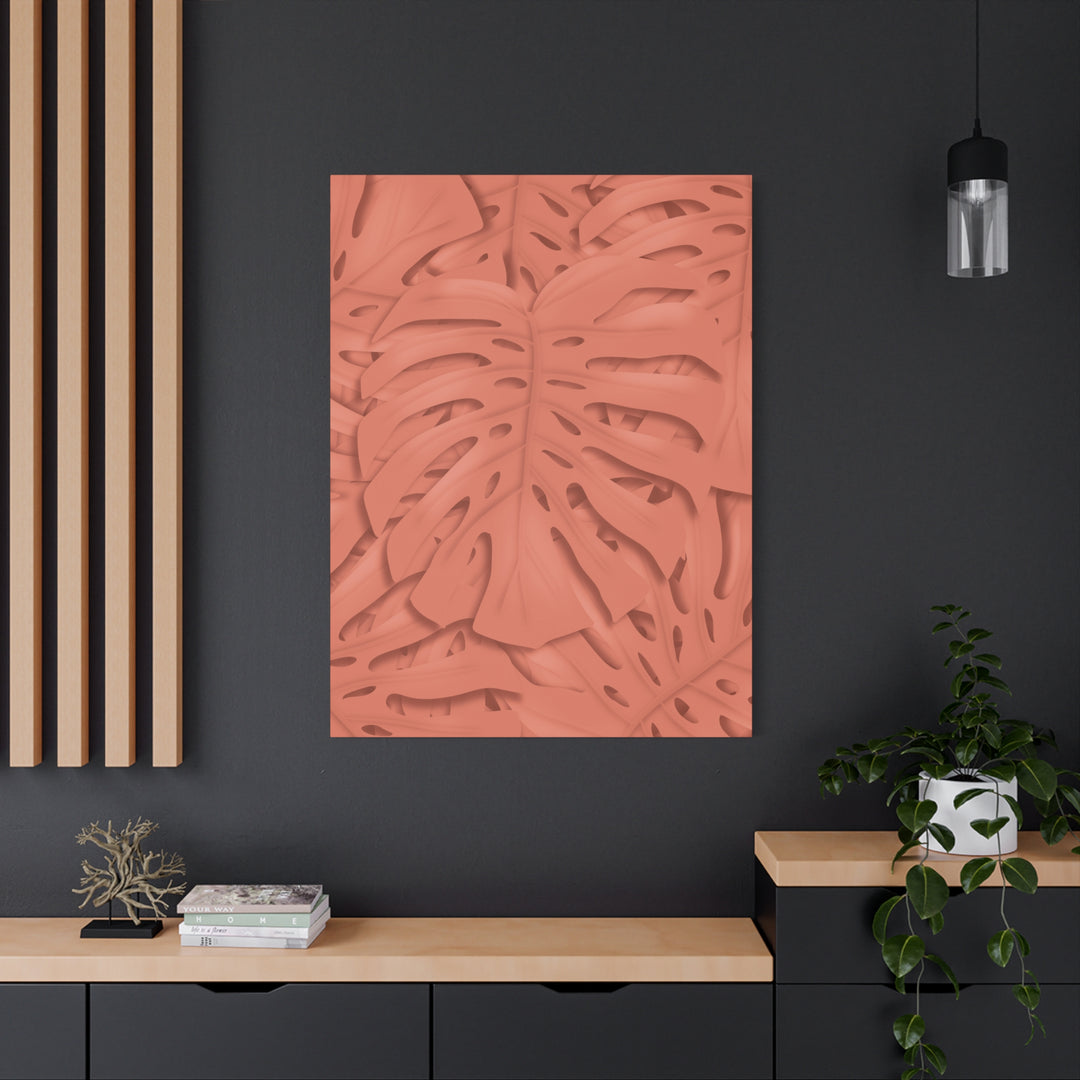 Coral Monstera Canvas Wall Art Matte Stretched 1.25 Inch Modern Botanical Print For Living Rooms