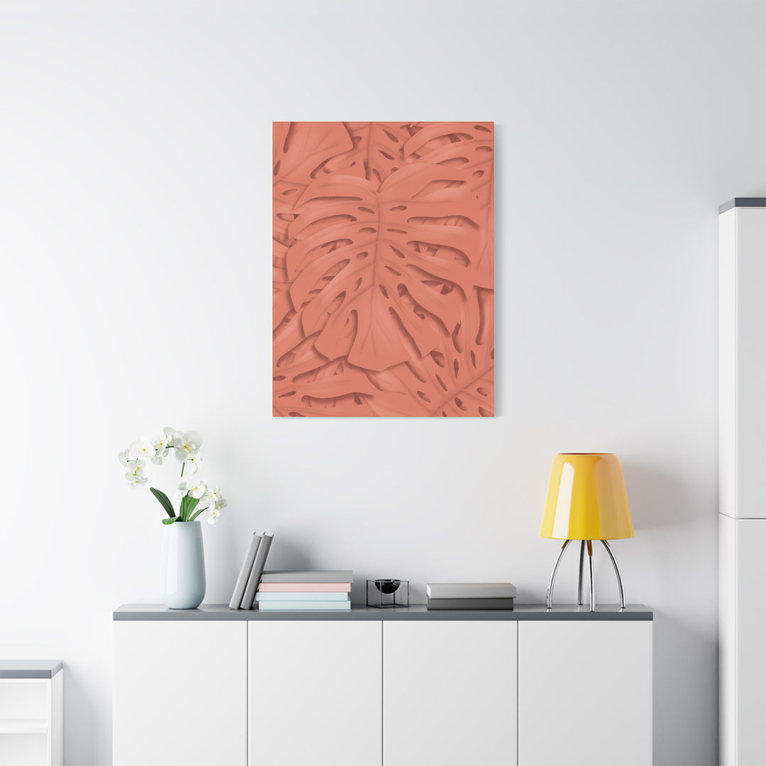 Coral Monstera Canvas Wall Art Matte Stretched 1.25 Inch Modern Botanical Print For Living Rooms