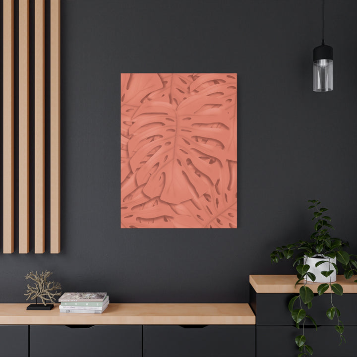 Coral Monstera Canvas Wall Art Matte Stretched 1.25 Inch Modern Botanical Print For Living Rooms