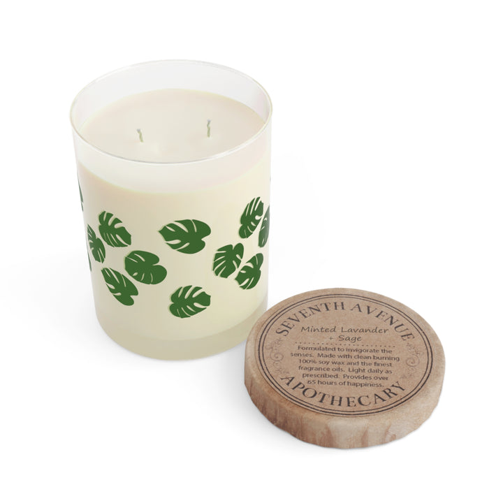Monstera Pattern 11oz Scented Candle In Glass Jar With White Tea Fig Minted Lavender Sage Or Ocean Mist Moss