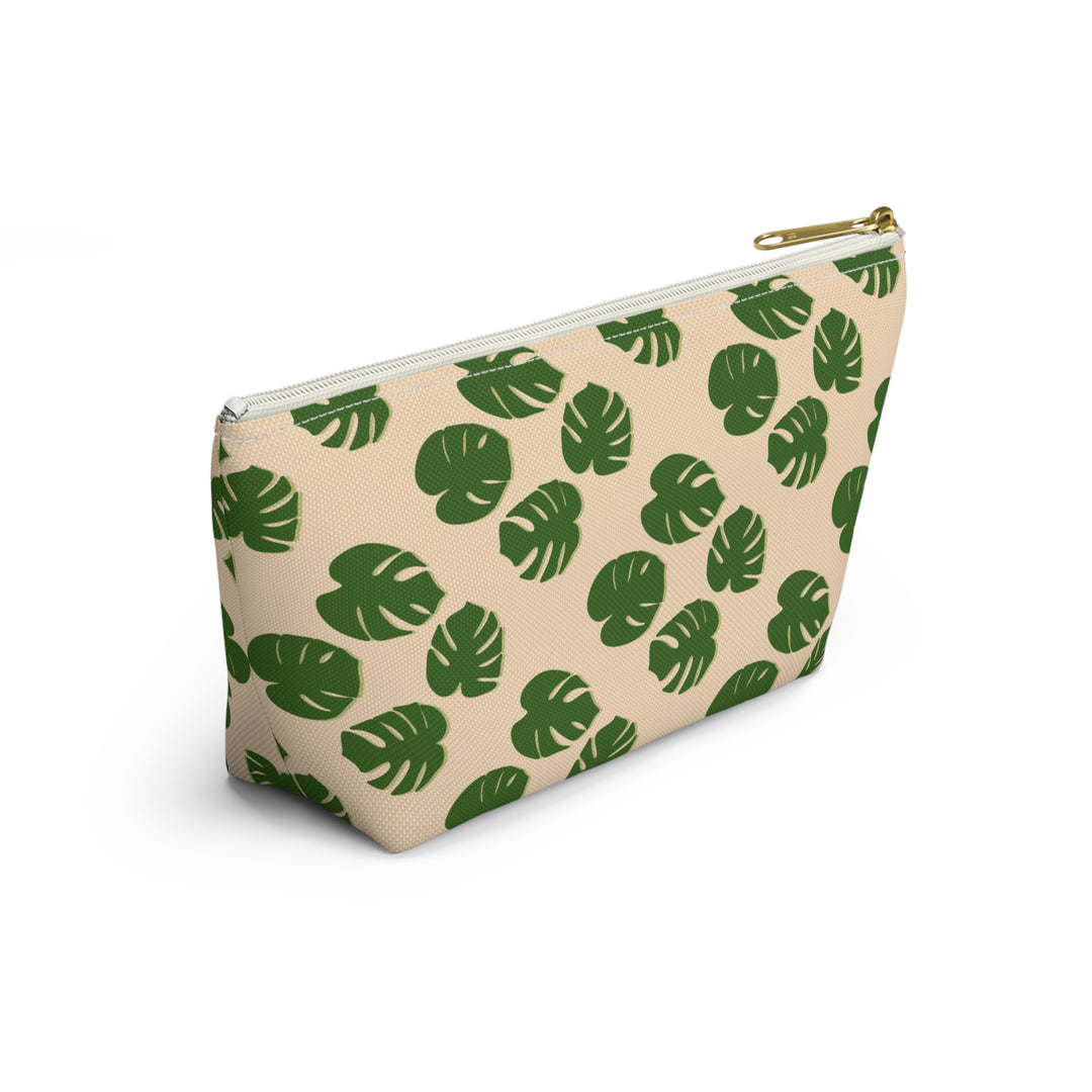 Monstera Pattern Accessory Pouch Floral Makeup Bag With T Bottom Spacious Interior for Travel and Everyday Use