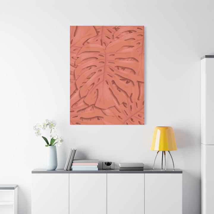 Coral Monstera Canvas Wall Art Matte Stretched 1.25 Inch Modern Botanical Print For Living Rooms
