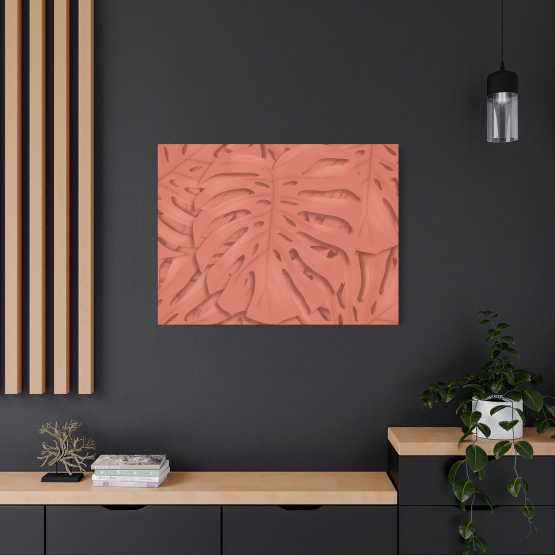 Coral Monstera Canvas Wall Art Matte Stretched 1.25 Inch Modern Botanical Print For Living Rooms