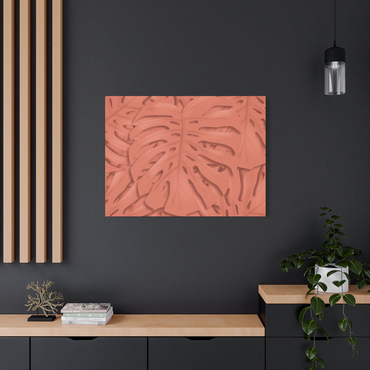 Coral Monstera Canvas Wall Art Matte Stretched 1.25 Inch Modern Botanical Print For Living Rooms