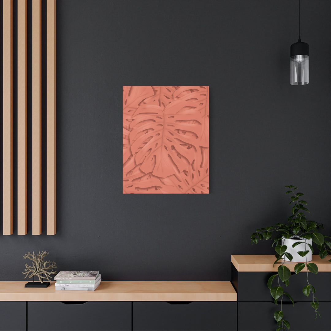 Coral Monstera Canvas Wall Art Matte Stretched 1.25 Inch Modern Botanical Print For Living Rooms