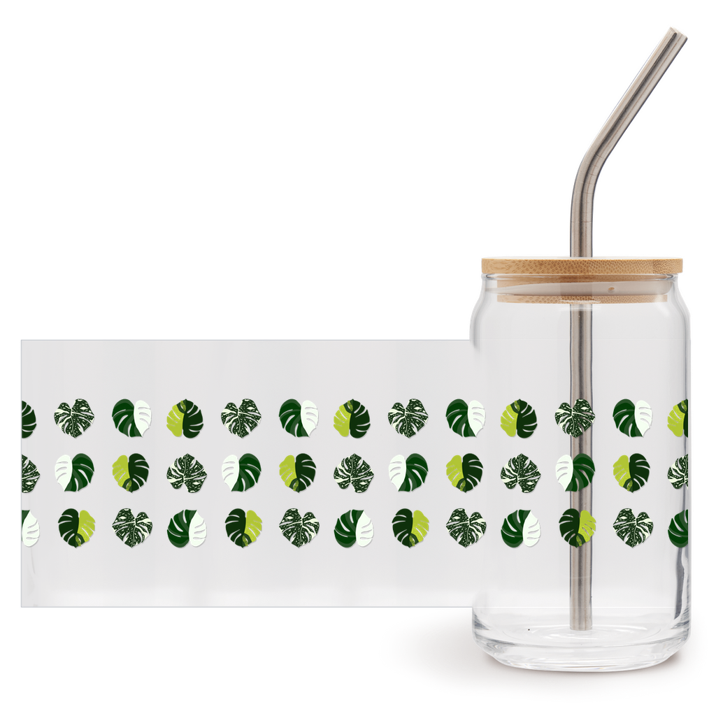 Variegated Monstera Pattern Soda Can Glass – 16 oz Tumbler With Bamboo Lid And Straw - NEW