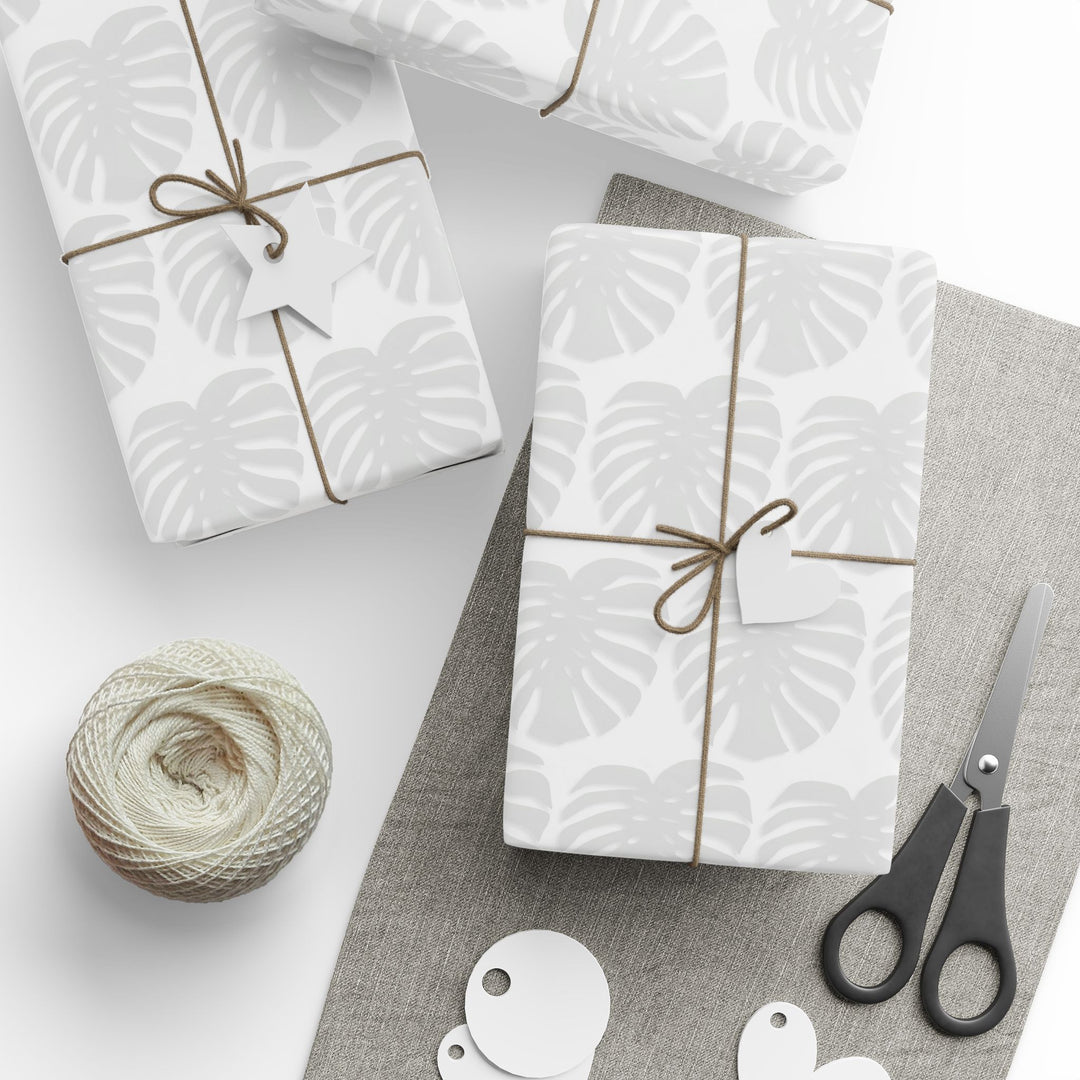 Monstera Leaf Wrapping Paper Roll — Minimal Grey Tropical Gift Wrap