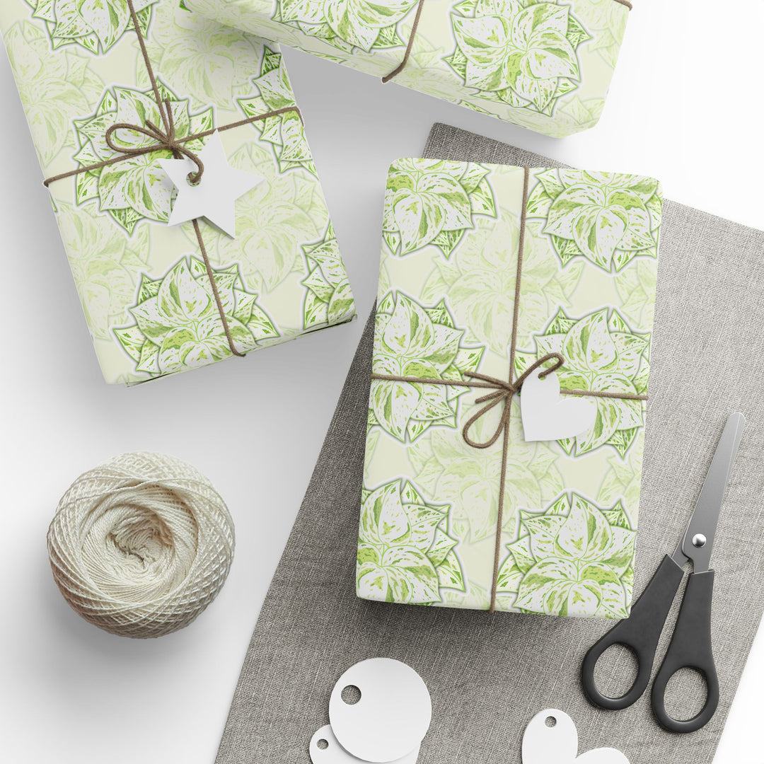 Snow Queen Pothos Floral Wrapping Paper – Elegant Leaf Pattern Gift Wrap for Weddings, Spring & Nature Lovers