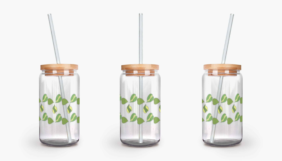 Hoya Kerrii Pattern Soda Can Glass – 16 oz Durable Glass Tumbler with Bamboo Lid & Straw