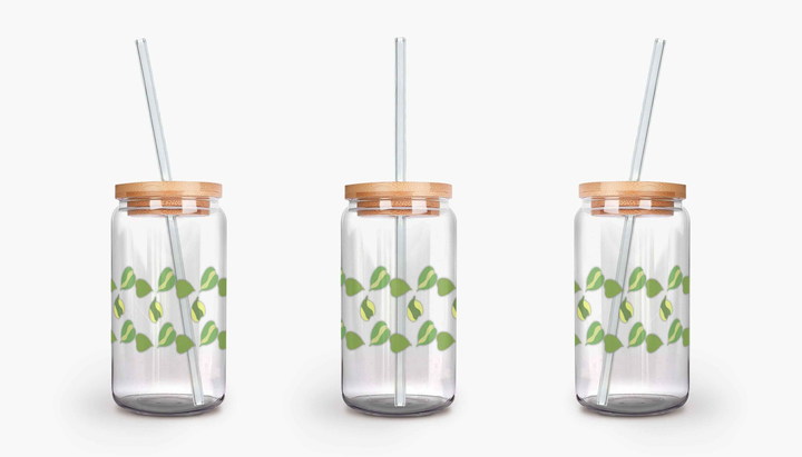 Hoya Kerrii Pattern Soda Can Glass – 16 oz Durable Glass Tumbler with Bamboo Lid & Straw