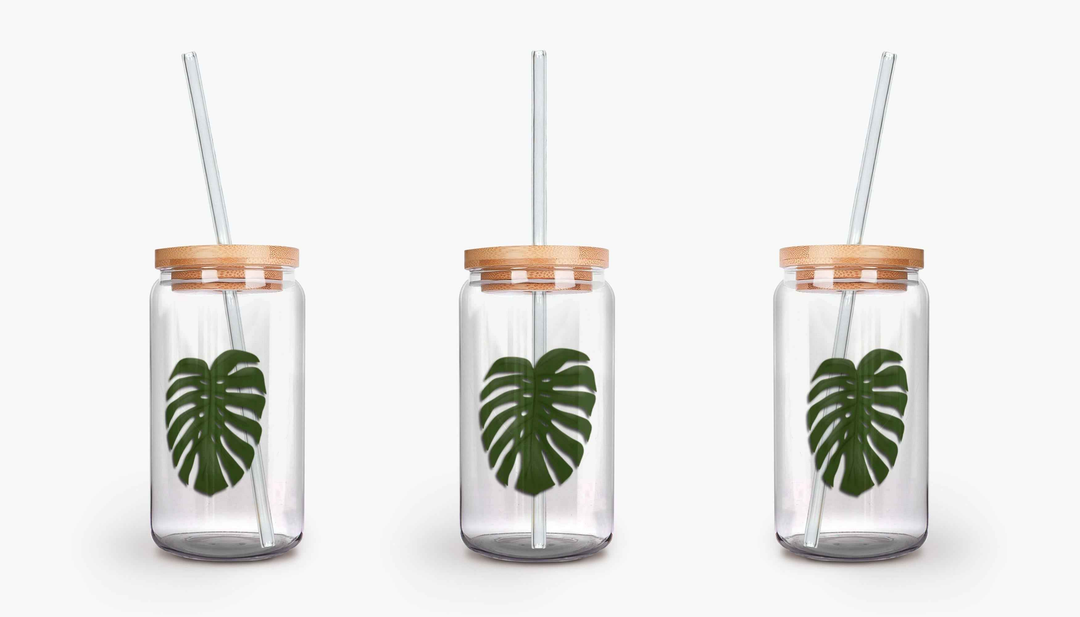 Monstera Soda Can Glass – 16 oz Durable Glass Tumbler with Bamboo Lid & Straw