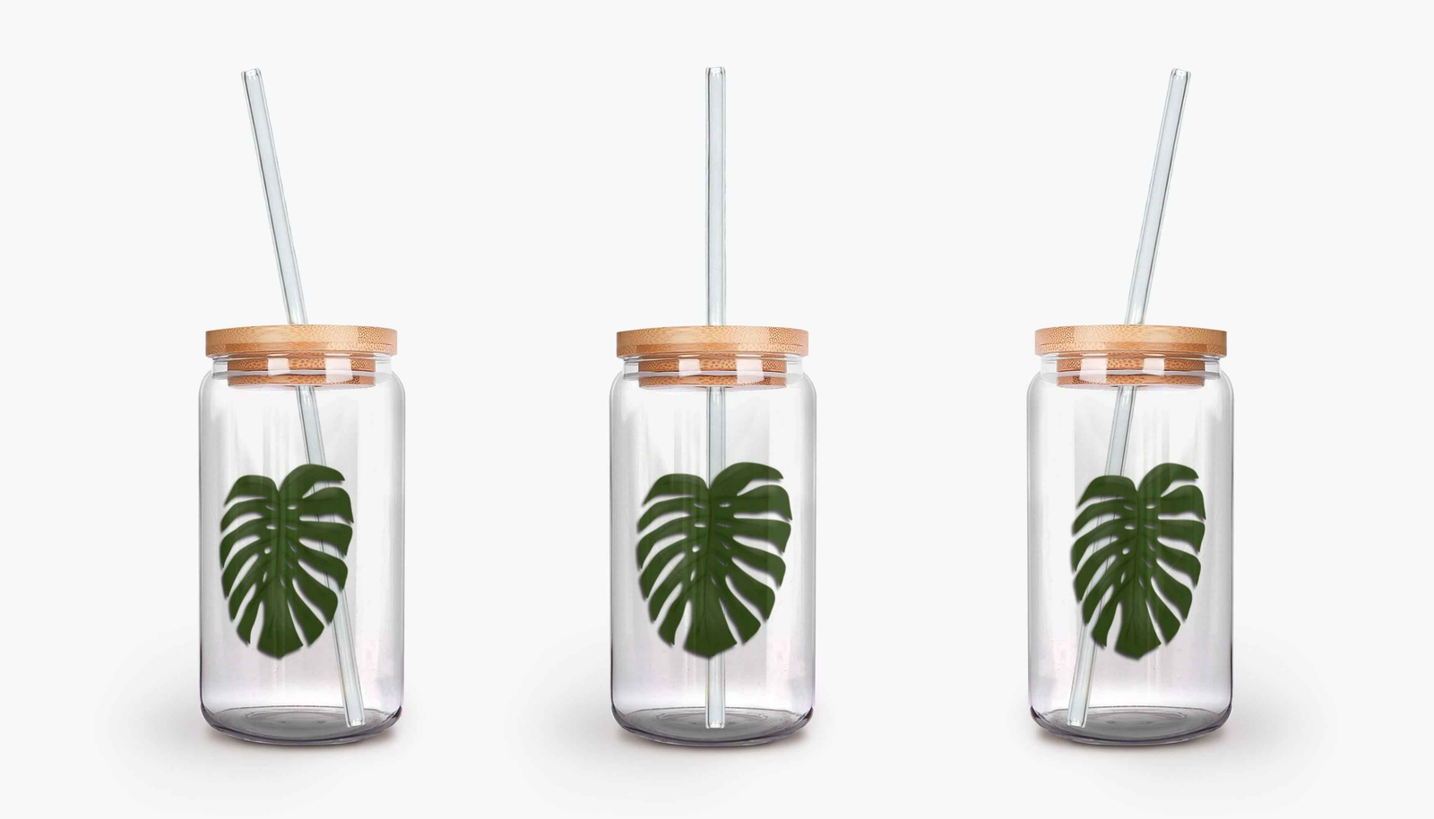 Monstera Soda Can Glass – 16 oz Durable Glass Tumbler with Bamboo Lid & Straw