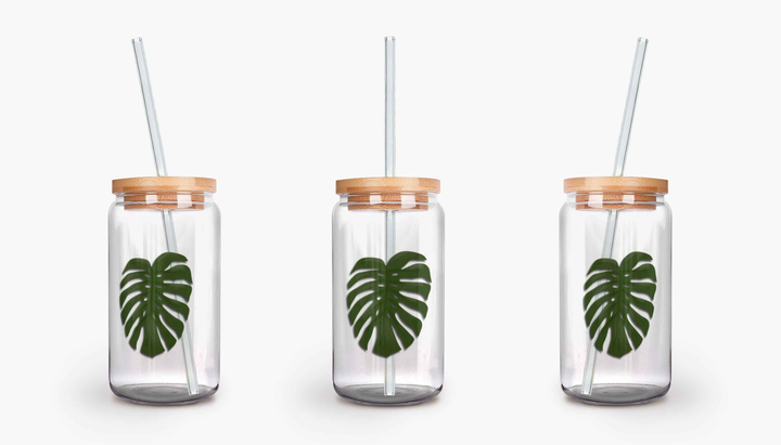 Monstera Soda Can Glass – 16 oz Durable Glass Tumbler with Bamboo Lid & Straw