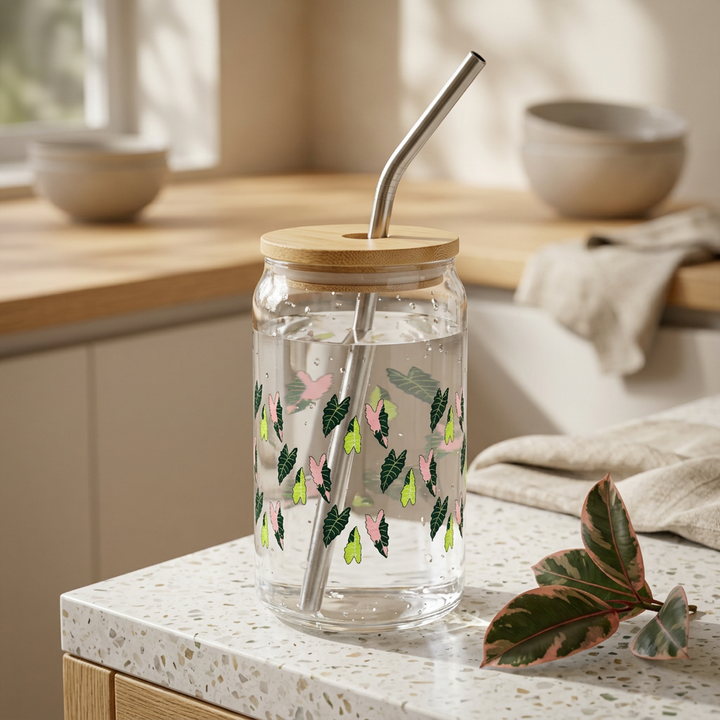 Alocasia Pattern Soda Can Glass – 16 oz Tumbler With Bamboo Lid And Straw