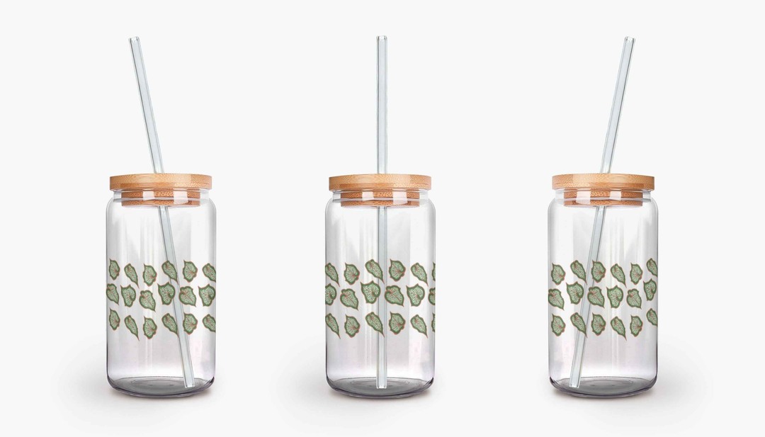 Begonia Pattern Soda Can Glass – 16 oz Durable Glass Tumbler with Bamboo Lid & Straw