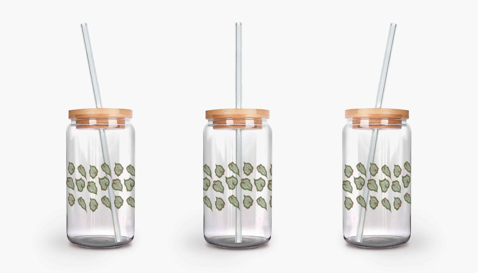 Begonia Pattern Soda Can Glass – 16 oz Durable Glass Tumbler with Bamboo Lid & Straw