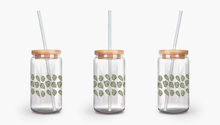 Begonia Pattern Soda Can Glass – 16 oz Durable Glass Tumbler with Bamboo Lid & Straw