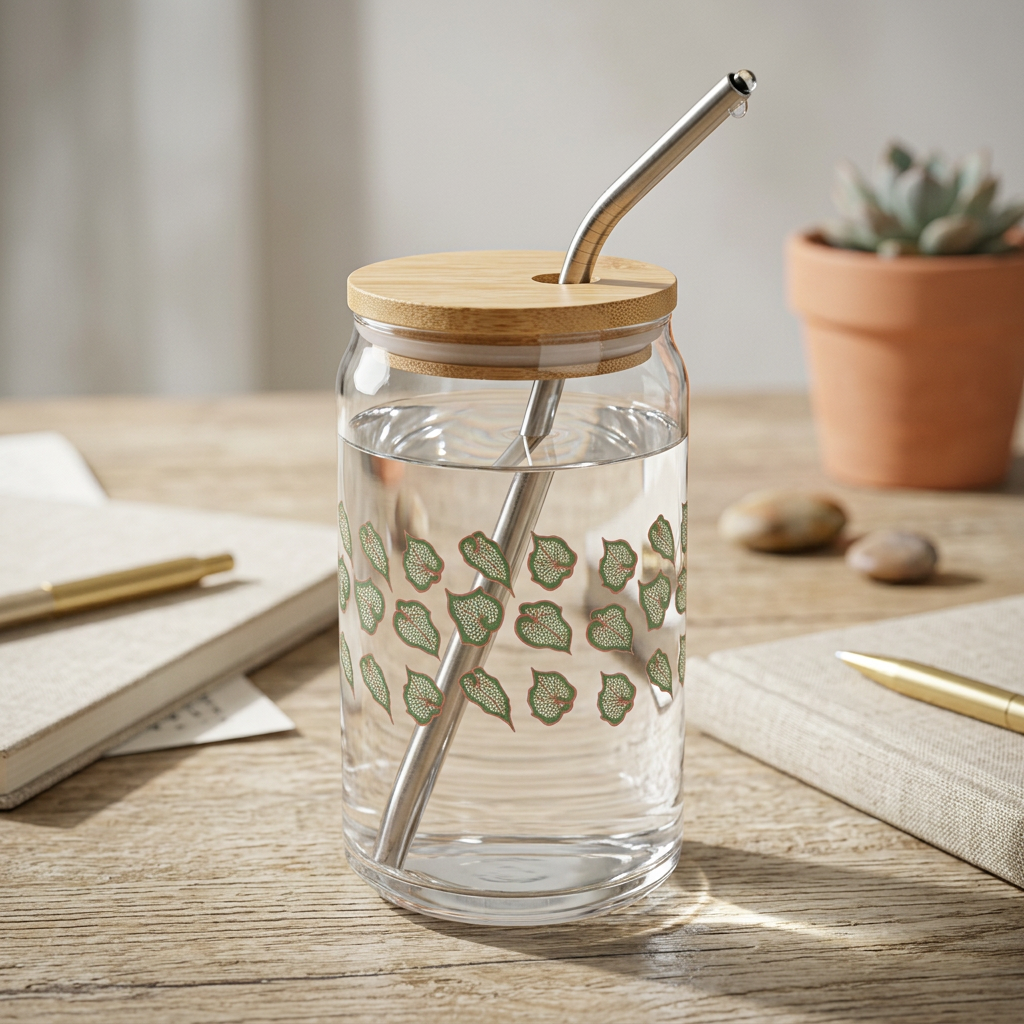 Begonia Pattern Soda Can Glass – 16 oz Tumbler With Bamboo Lid And Straw