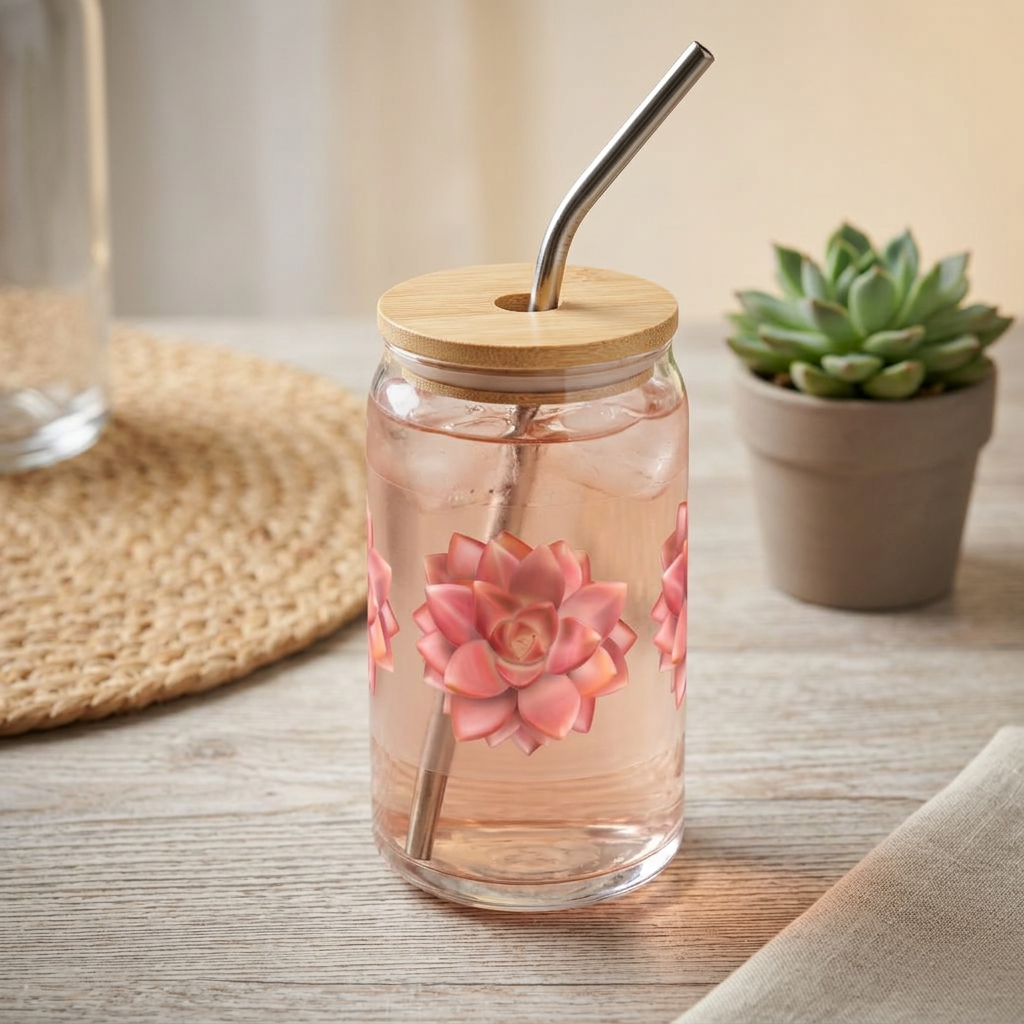 Graptosedum California Sunset Succulent Soda Can Glass – 16 oz Tumbler With Bamboo Lid And Straw