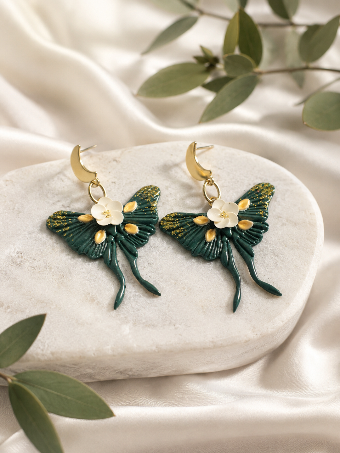 Emerald Luna Moth Earrings