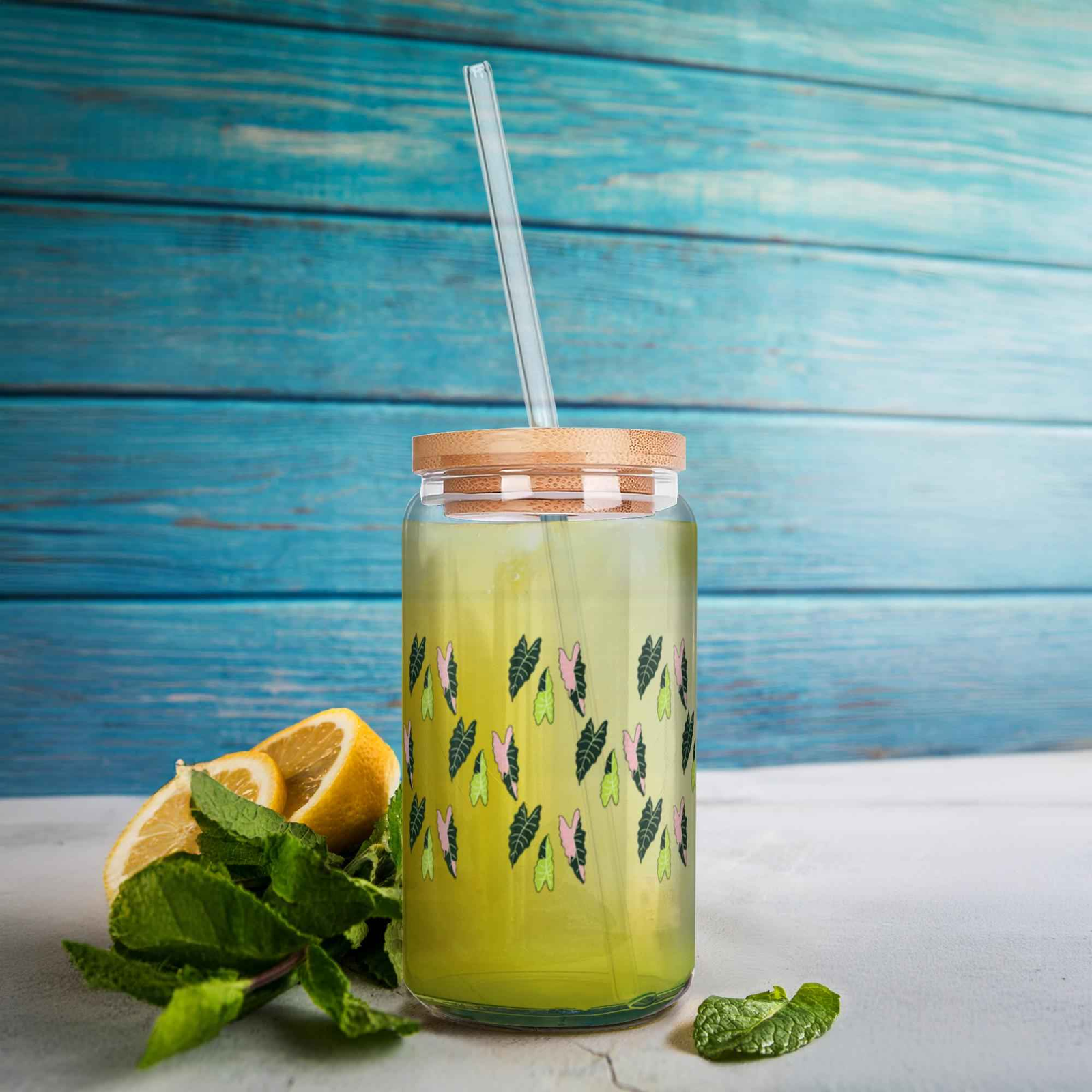 Alocasia Pattern Soda Can Glass – 16 oz Durable Glass Tumbler with Bamboo Lid & Straw