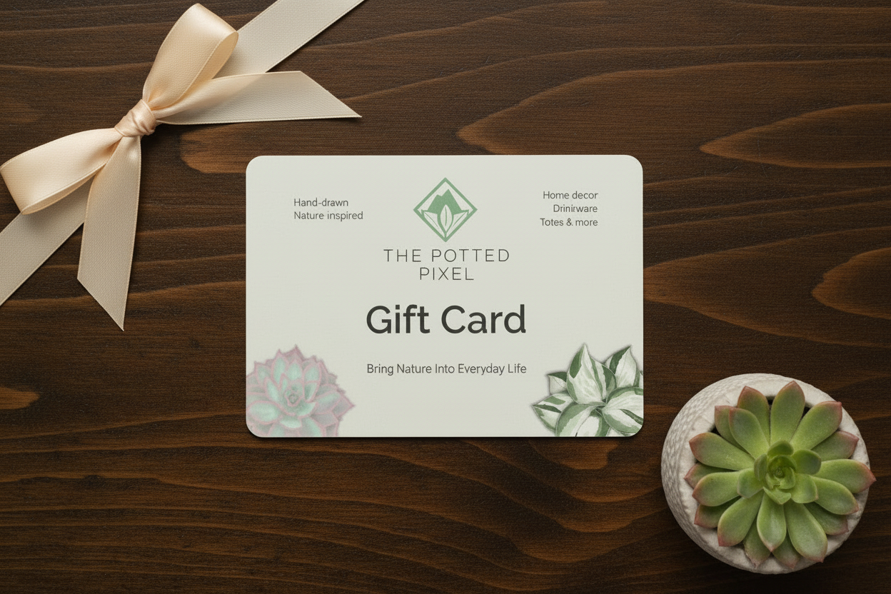 Gift card for 'The Potted Pixel' with nature-themed design and succulent illustrations.