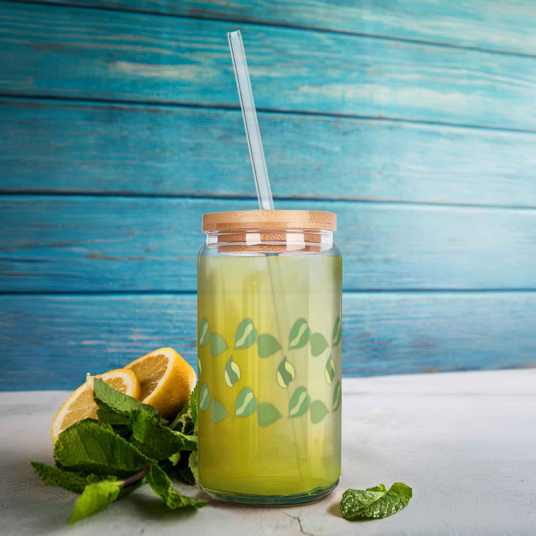 Hoya Kerrii Pattern Soda Can Glass – 16 oz Durable Glass Tumbler with Bamboo Lid & Straw