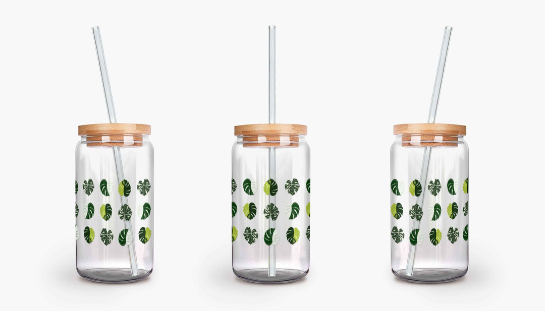 Variegated Monstera Pattern Soda Can Glass – 16 oz Tumbler With Bamboo Lid And Straw