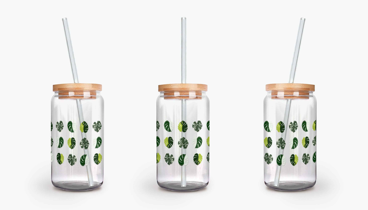 Variegated Monstera Pattern Soda Can Glass – 16 oz Tumbler With Bamboo Lid And Straw